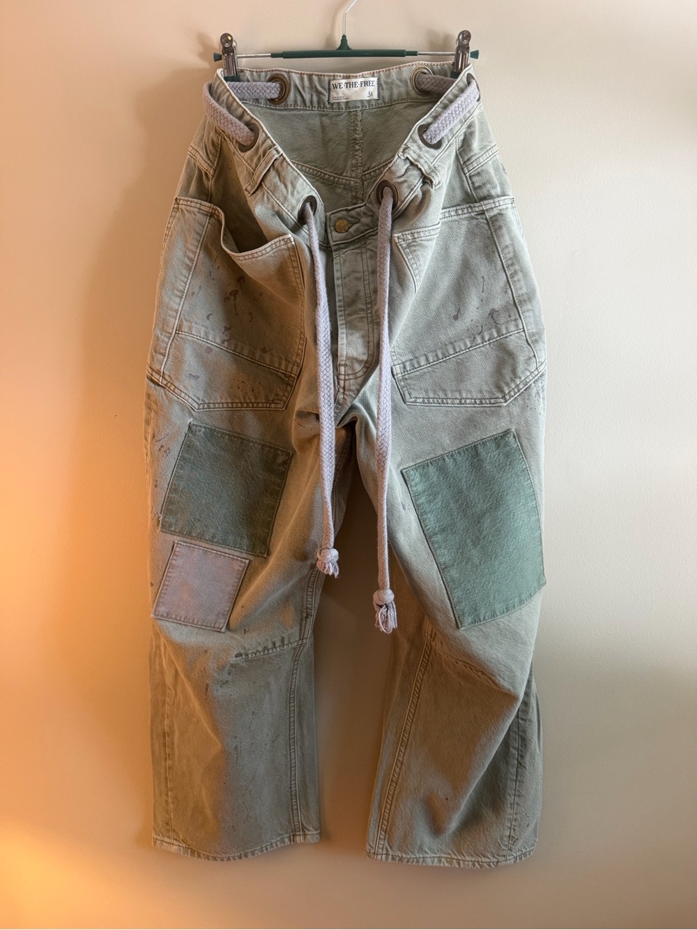 We The Free Olive Green Patchwork Utility Jeans